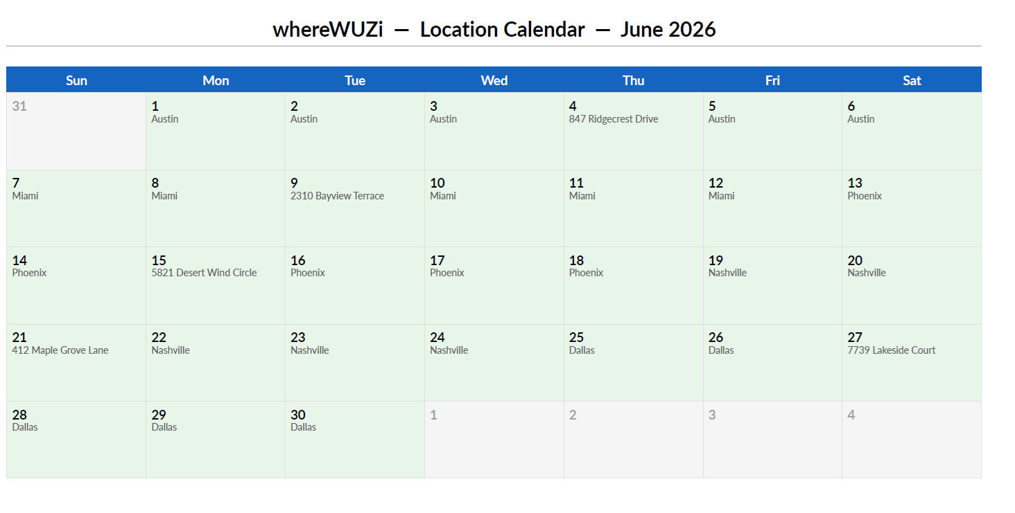 whereWUZi Location Calendar showing June 2026 with cities logged each day