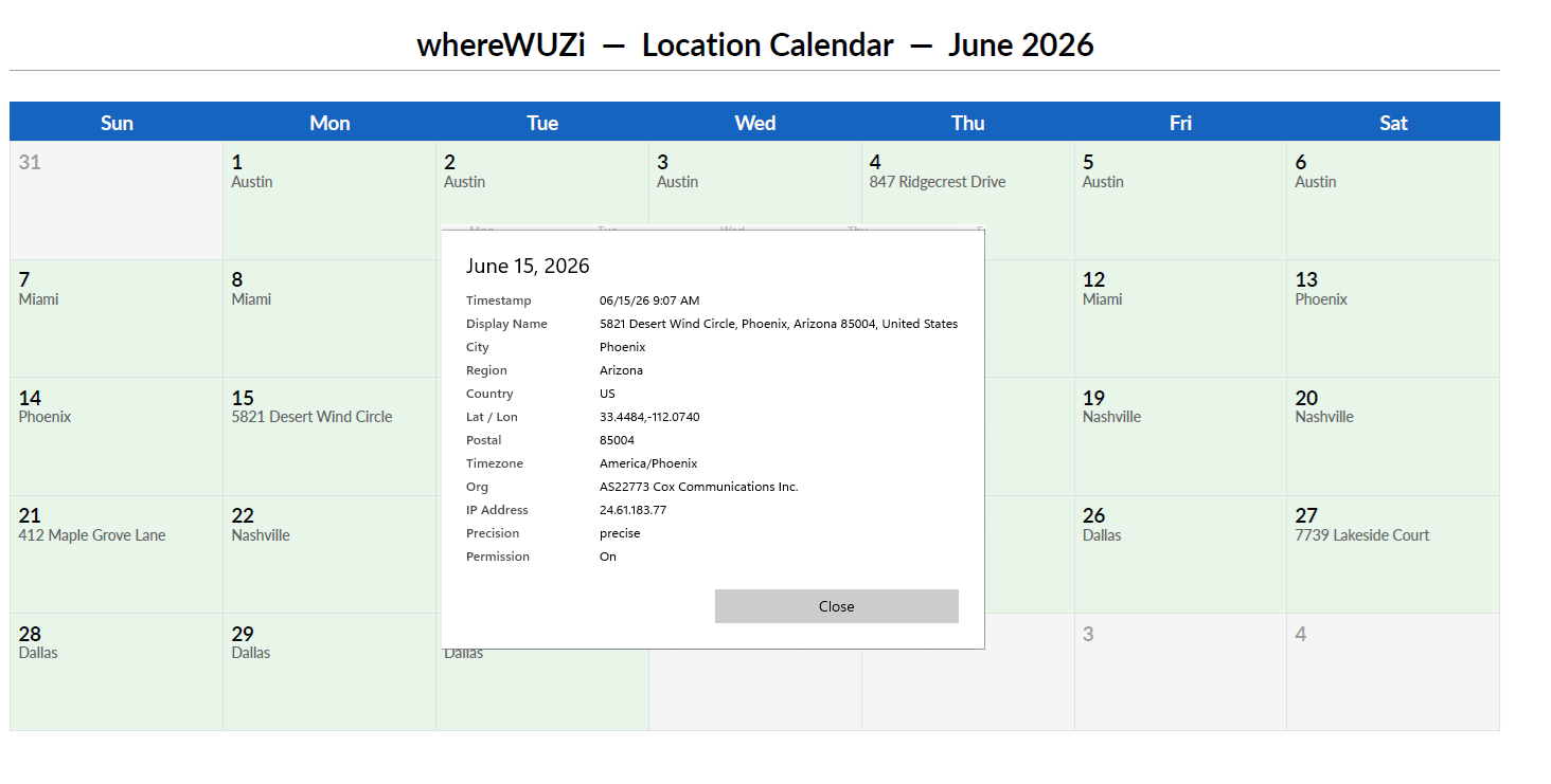 whereWUZi detail popup showing full location entry for June 15